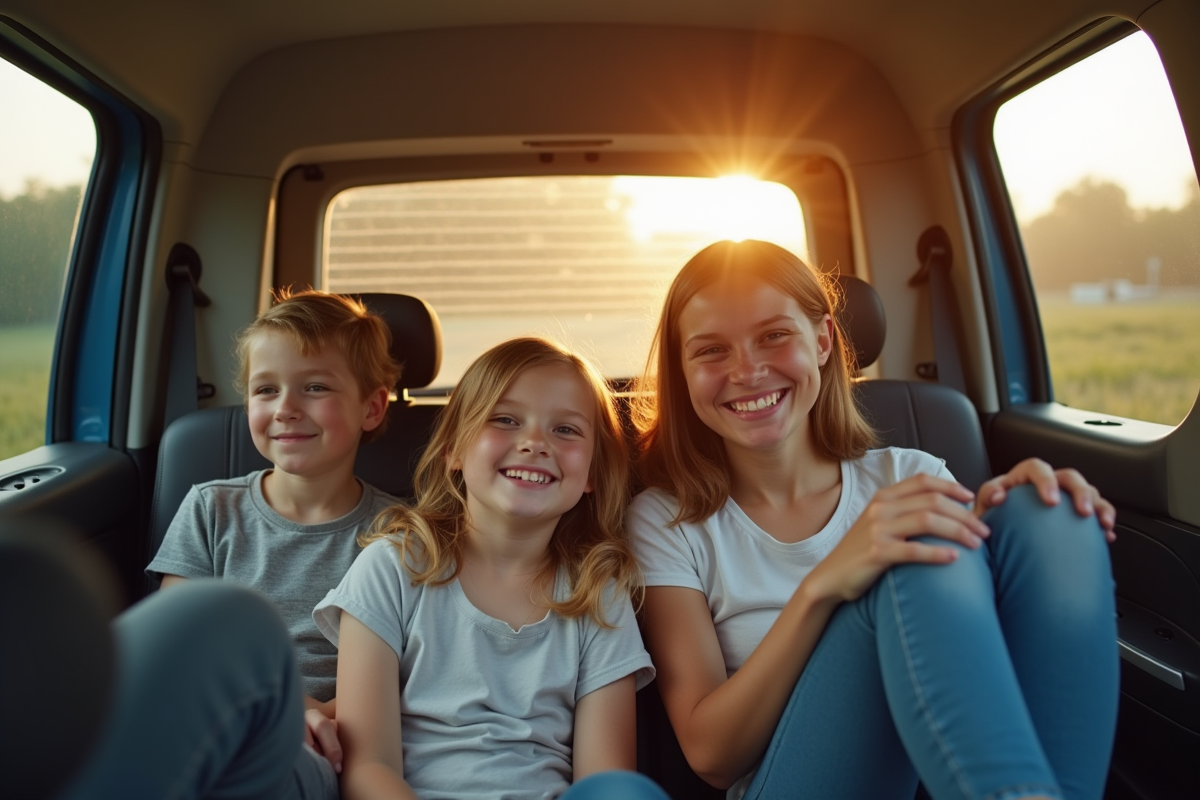 Famille souriante assise dans l intérieur spacieux de la Peugeot Partner Tepee