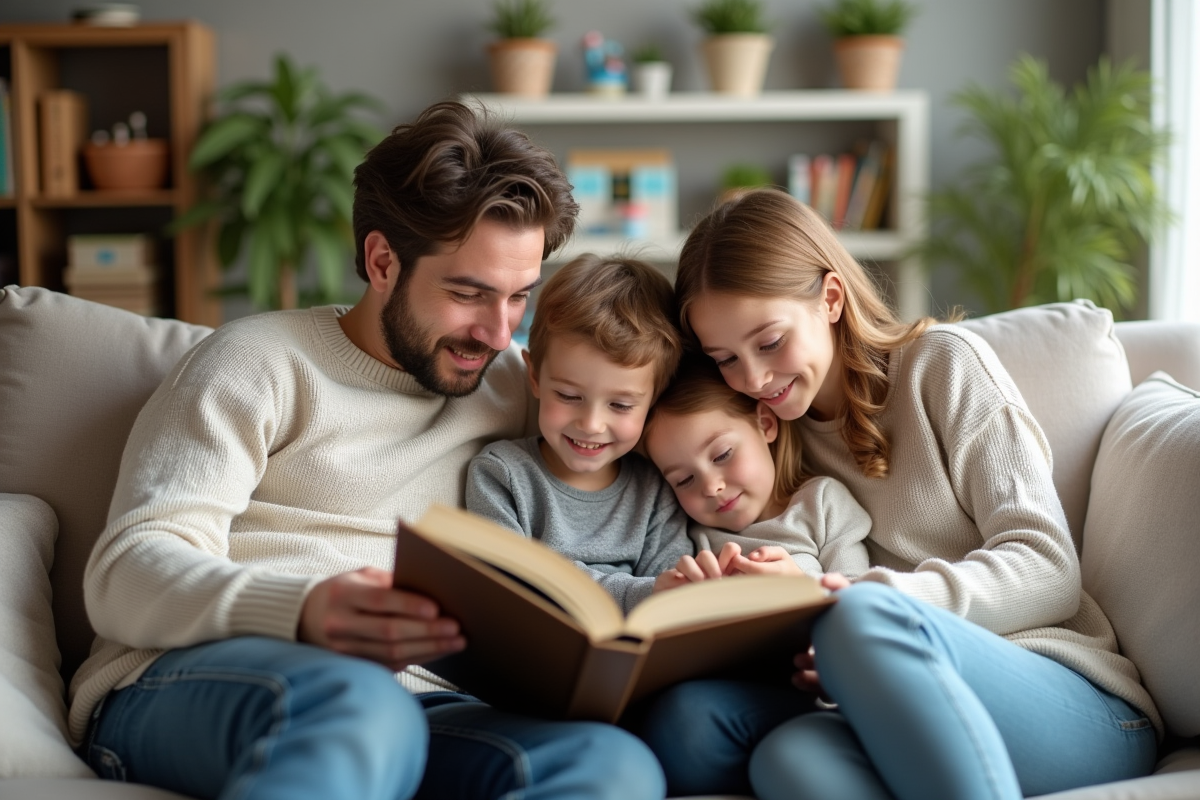 Famille lisant un livre ensemble dans un salon cosy