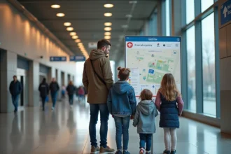 Famille consultant le plan de salle de la Bercy Arena à l'entrée du couloir principal