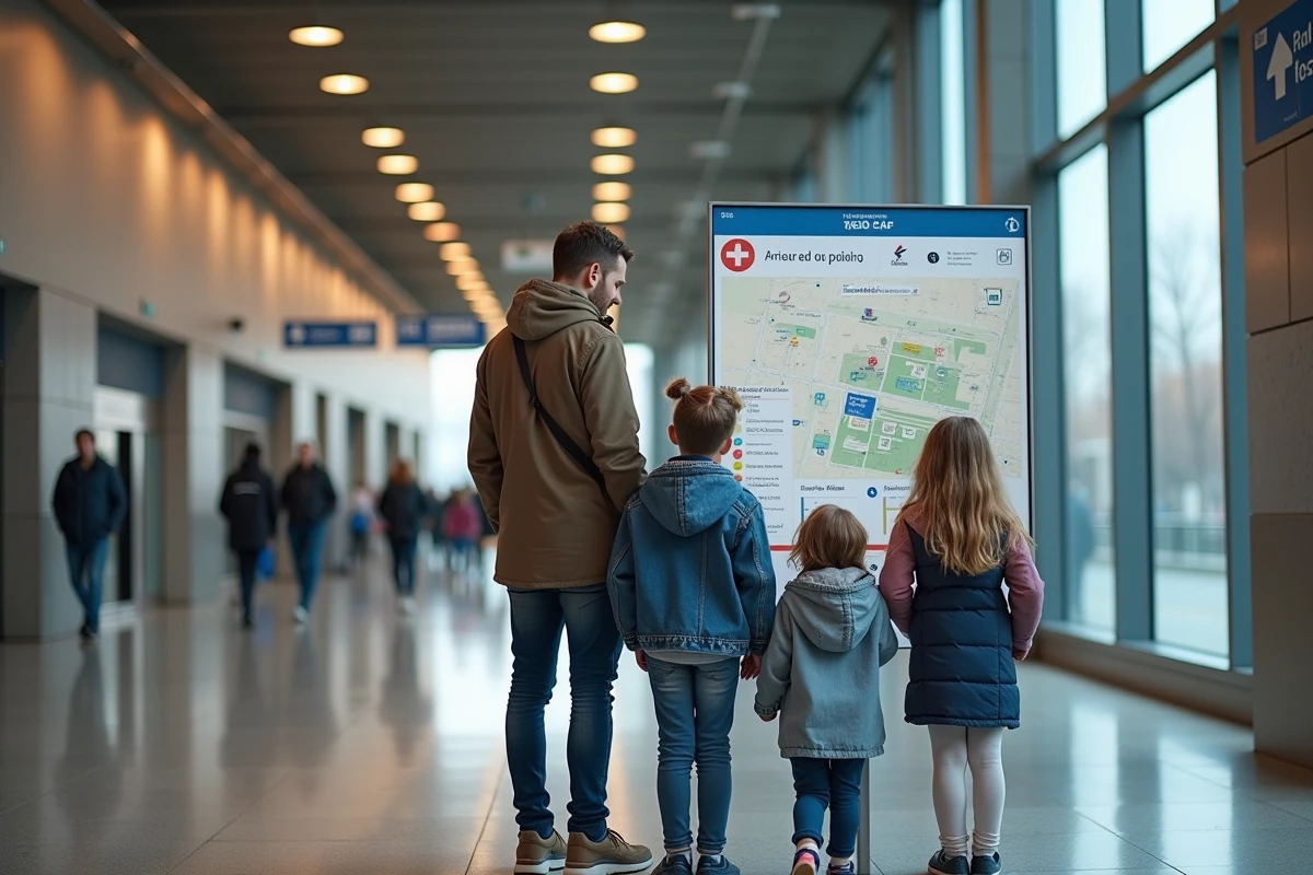 Famille consultant le plan de salle de la Bercy Arena à l'entrée du couloir principal
