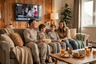 Famille réunie sur un canapé pour regarder un film Batman ensemble dans un salon chaleureux