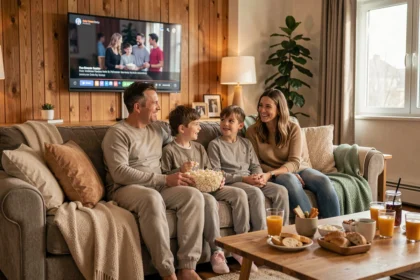 Famille réunie sur un canapé pour regarder un film Batman ensemble dans un salon chaleureux