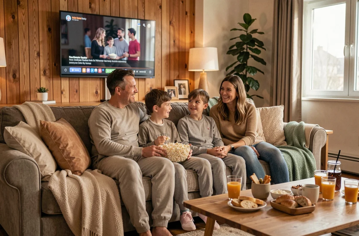 Famille réunie sur un canapé pour regarder un film Batman ensemble dans un salon chaleureux