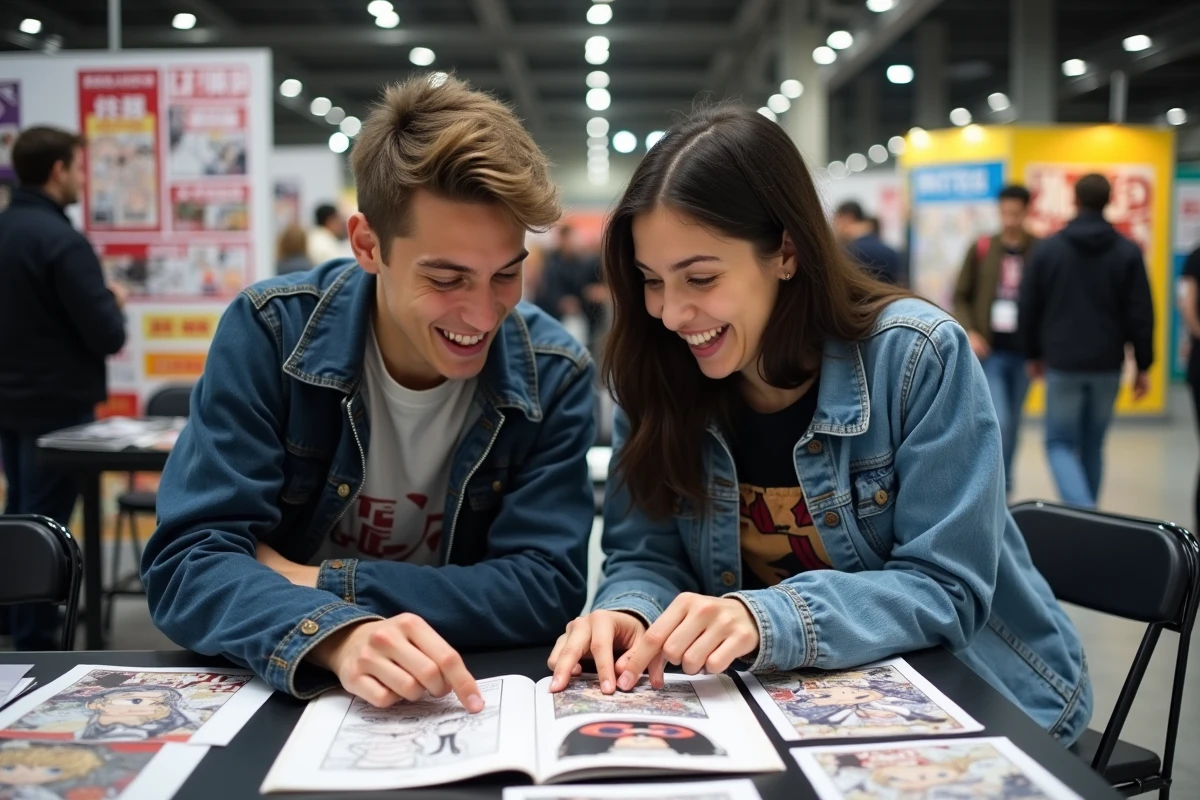 Deux jeunes fans français discutant des scans VF de Solo Leveling autour de volumes manga lors d'une convention culturelle en France