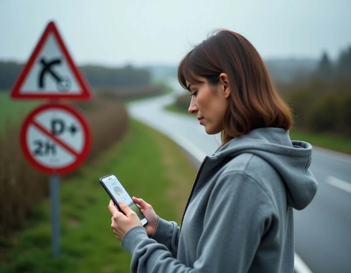 Femme consultant une application de conversion de vitesse mph en km/h au bord d'une route de campagne européenne