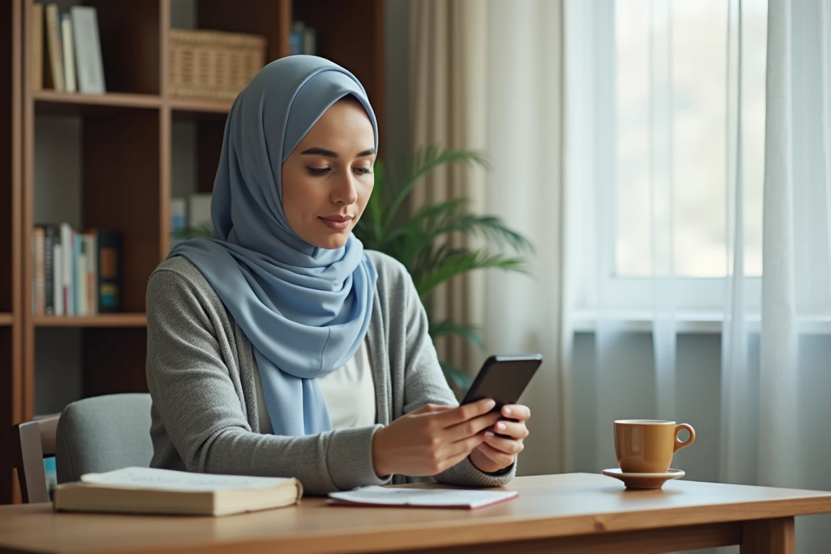 Femme consultant une application des horaires de prière sur son téléphone dans un appartement parisien