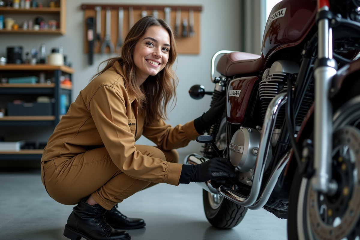 Femme huilant le moteur d