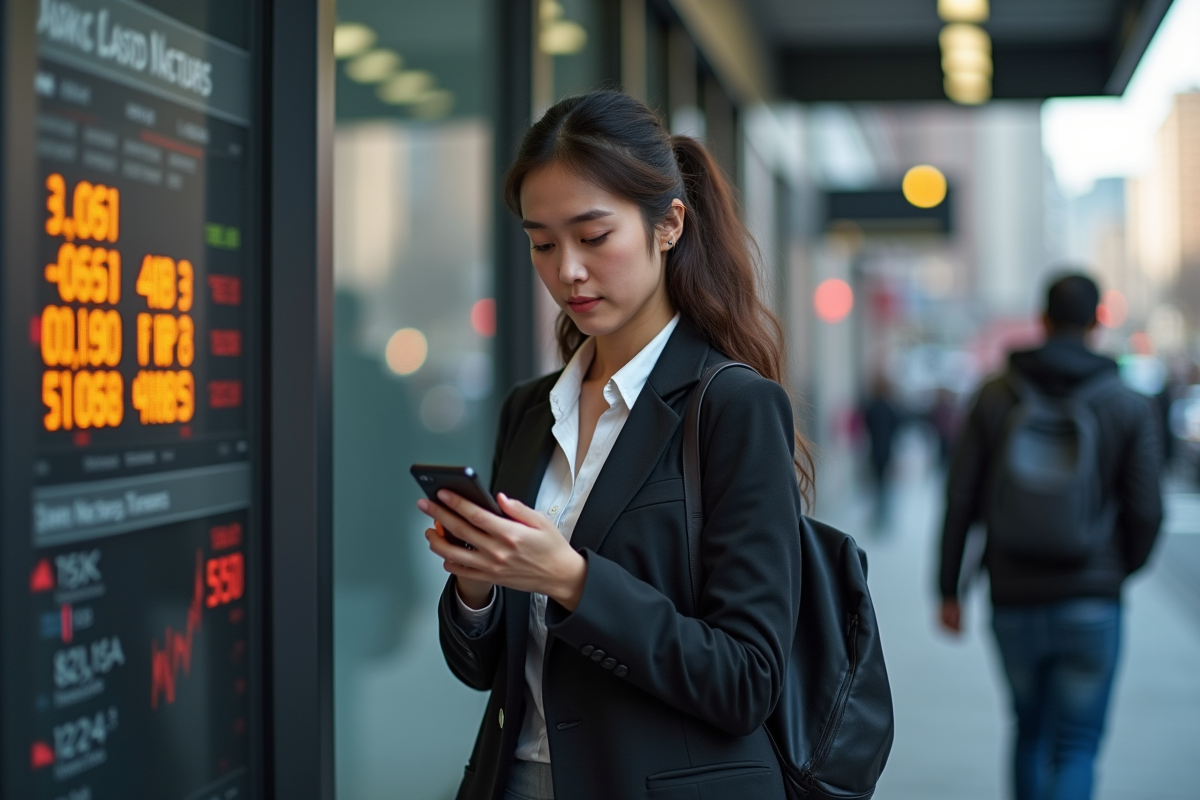 Jeune femme regardant son smartphone à un arrêt de bus
