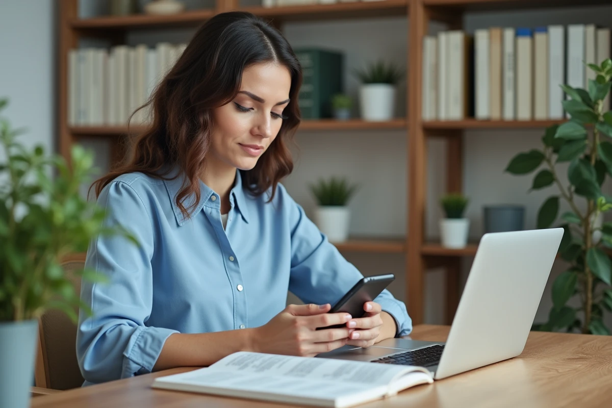 Femme assise dans un bureau lumineux utilisant son smartphone
