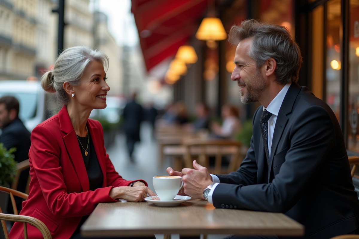 Femme élégante discutant au café parisien avec un homme