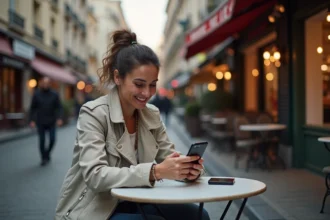 Femme souriante au café vérifiant son smartphone