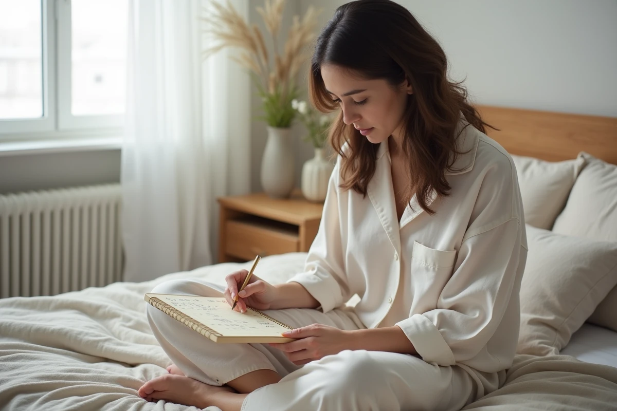 Jeune femme en pyjamas consulte un calendrier lunaire