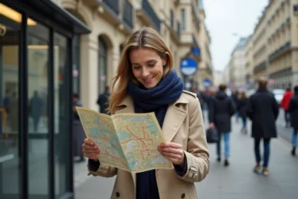 Femme consultant une carte des bus de Paris devant un arrêt de bus dans le quartier Haussmann