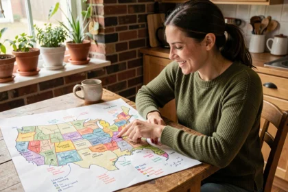 Femme étudiant une carte des États-Unis annotée pour mémoriser les capitales américaines