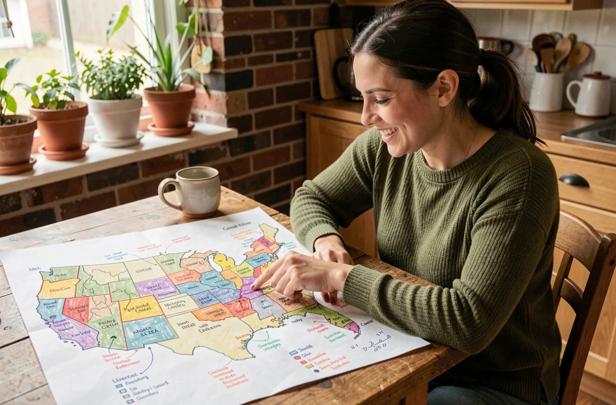 Femme étudiant une carte des États-Unis annotée pour mémoriser les capitales américaines