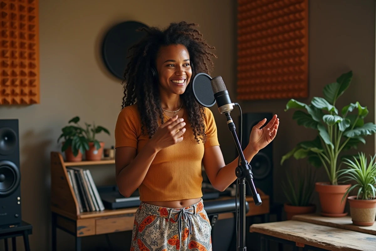 Femme souriante ajustant un micro dans un studio maison