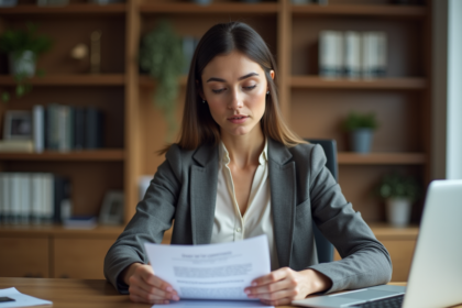 Femme professionnelle examine un contrat de location dans un bureau moderne