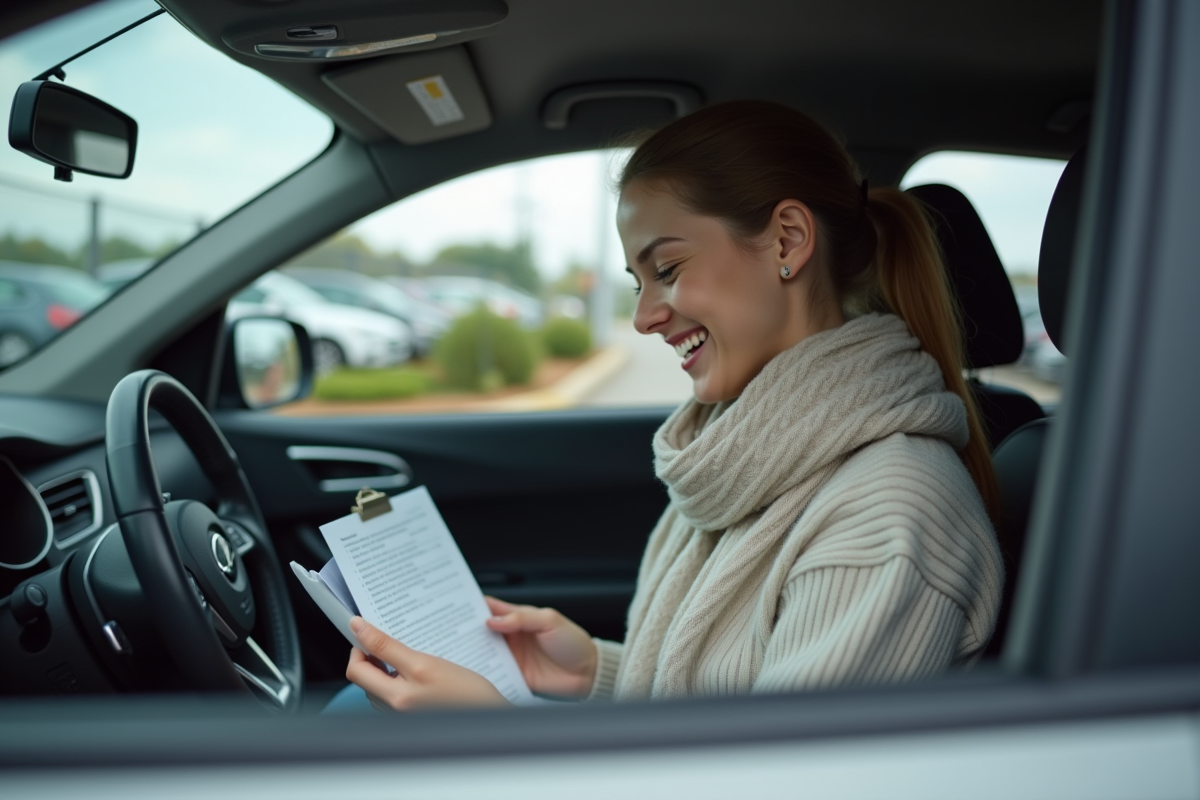 Jeune femme regardant le compteur dans une voiture d