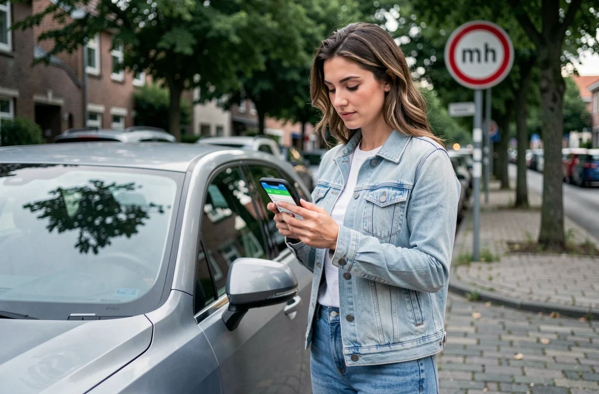 Femme consultant une application de conversion vitesse miles par heure en km/h sur son smartphone au bord d'une route européenne