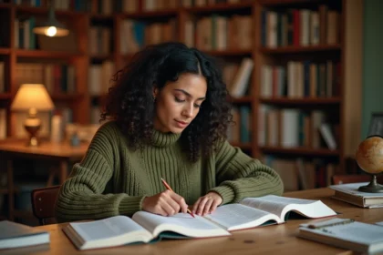 Femme consultant un dictionnaire français pour enrichir son vocabulaire, entourée de livres dans une bibliothèque chaleureuse