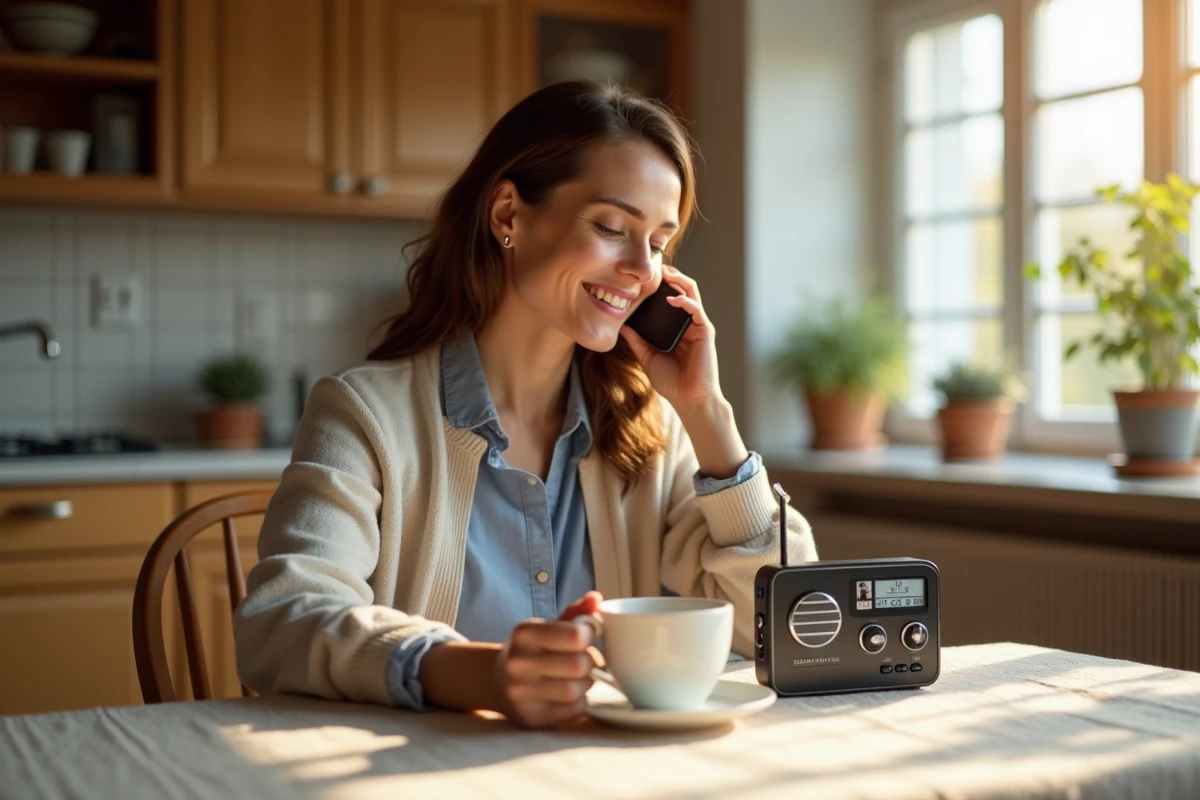 Femme écoutant la radio dans une cuisine chaleureuse