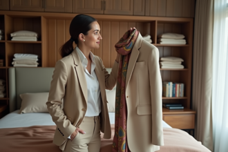 Femme élégante choisissant une écharpe en chambre cosy
