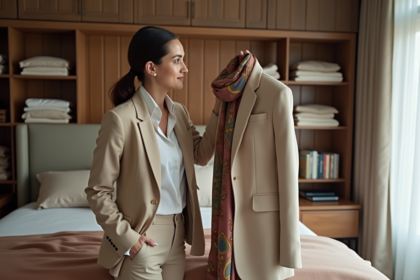 Femme élégante choisissant une écharpe en chambre cosy