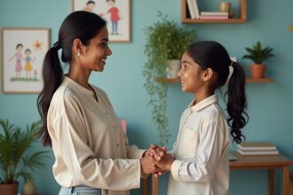 Femme et enfant souriants dans un bureau d'adoption