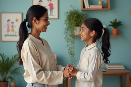 Femme et enfant souriants dans un bureau d'adoption