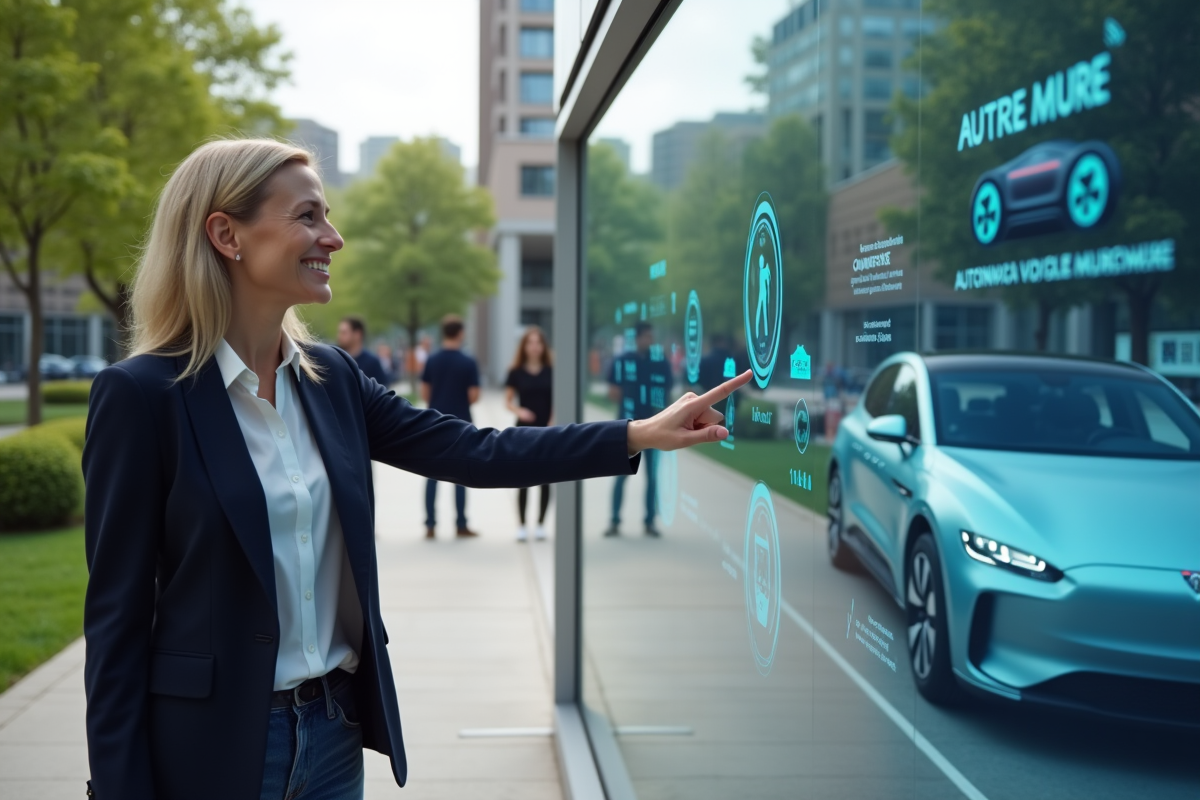 Femme pointant un écran interactif sur une exposition de véhicules