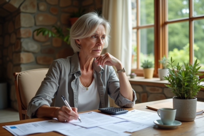 Femme d'âge moyen examinant des documents fiscaux dans une maison