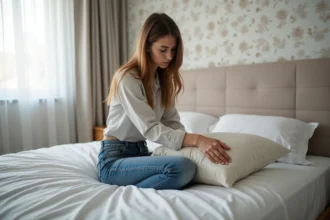 Femme examine un oreiller dans une chambre lumineuse