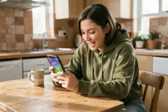 Jeune femme jouant à Monopoly GO sur son smartphone à une table de cuisine en bois, expression concentrée et enthousiaste