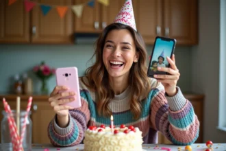 Femme souriante avec chapeau d'anniversaire et téléphone