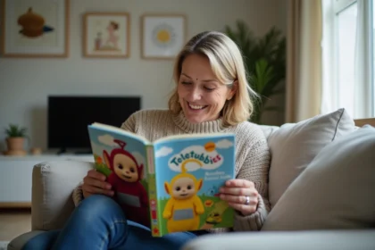 Femme assise lisant un guide Teletubbies dans le salon