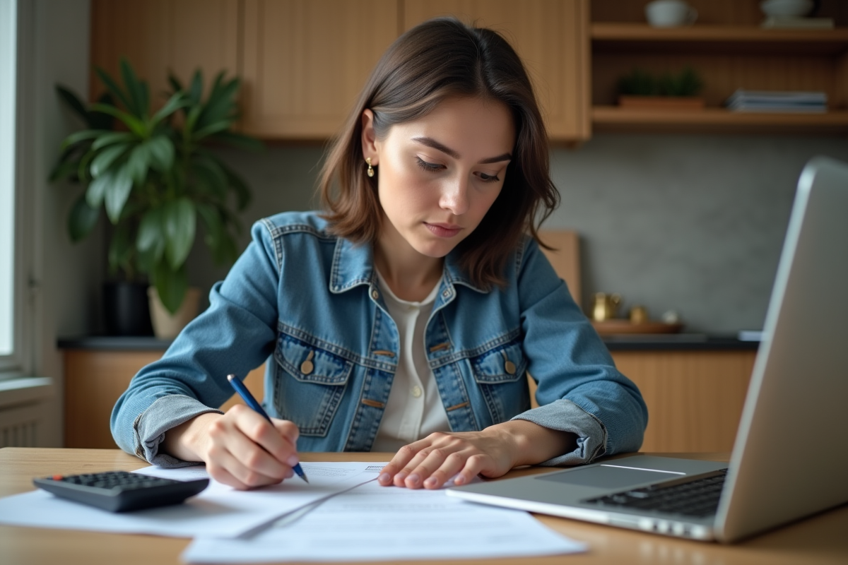 Jeune femme à la maison examinant des papiers notariaux sur la table