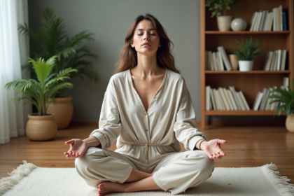 Femme méditant dans un salon moderne et naturel