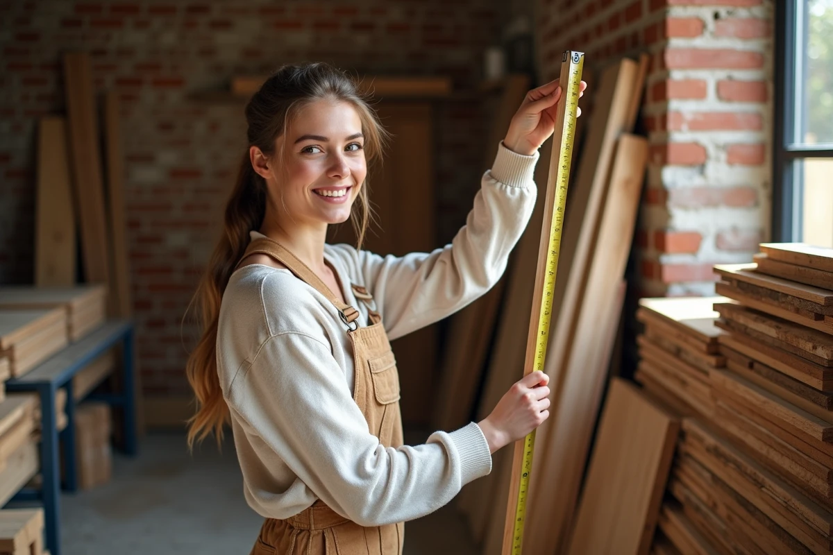 Jeune femme mesurant des planches de parquet recyclé dans un atelier