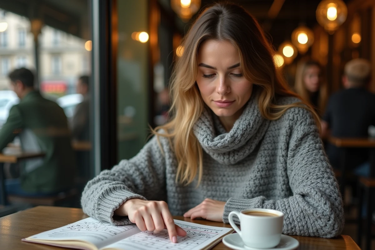 Femme résolvant un mot de 9 lettres dans un cahier de mots fléchés dans un café parisien