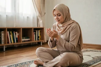 Femme musulmane en prière sur un tapis de prière, mains en supplication pour la douaa istikhara