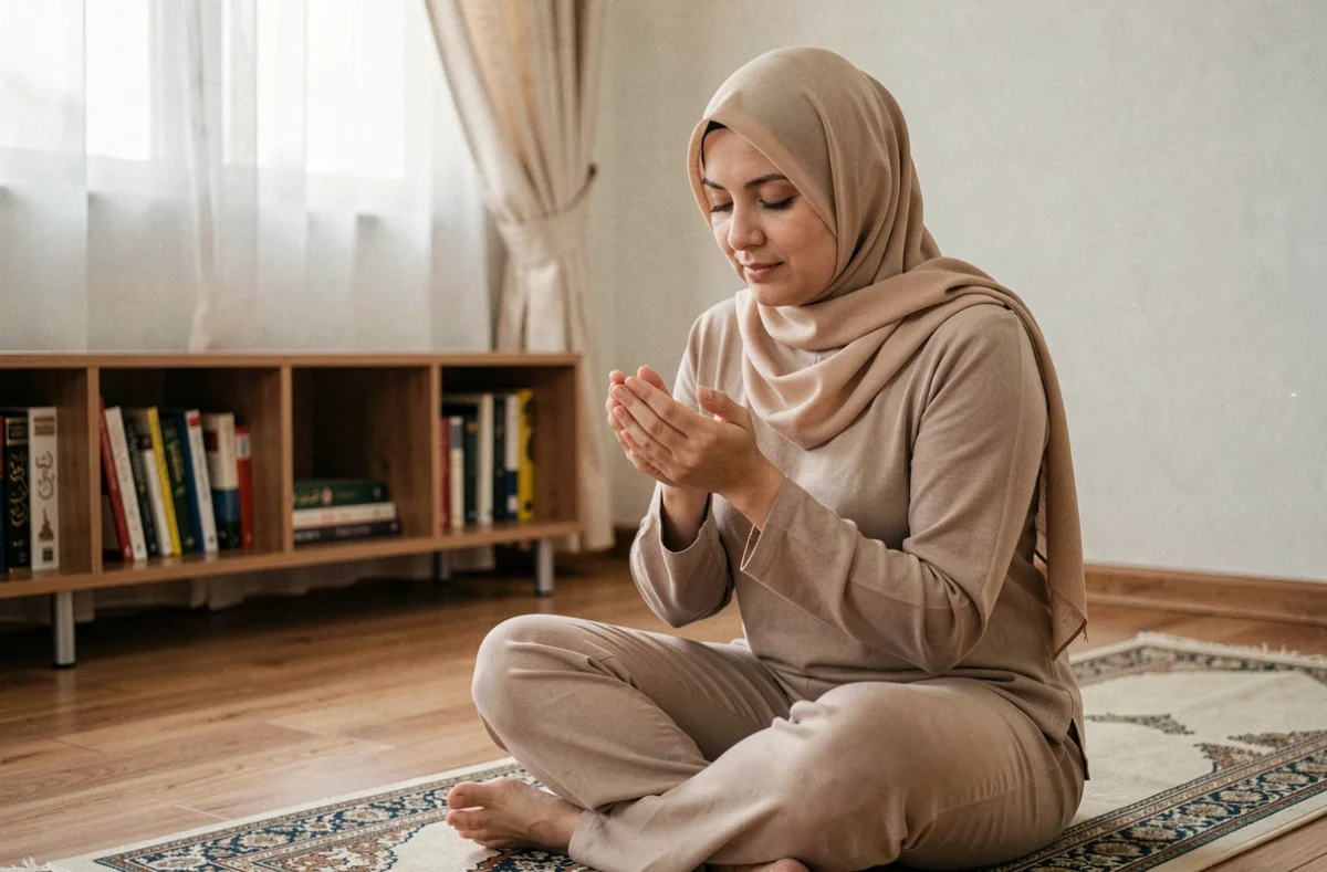 Femme musulmane en prière sur un tapis de prière, mains en supplication pour la douaa istikhara
