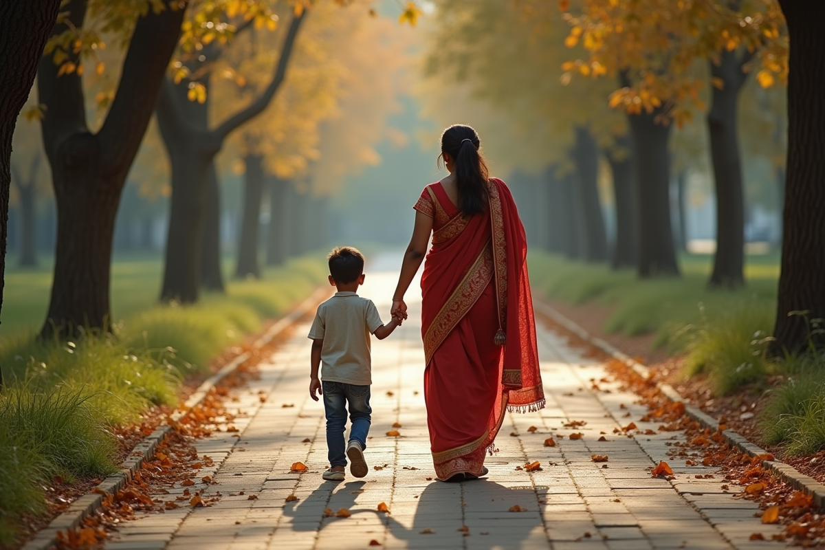 Femme indienne en saree marche avec un garçon dans un parc