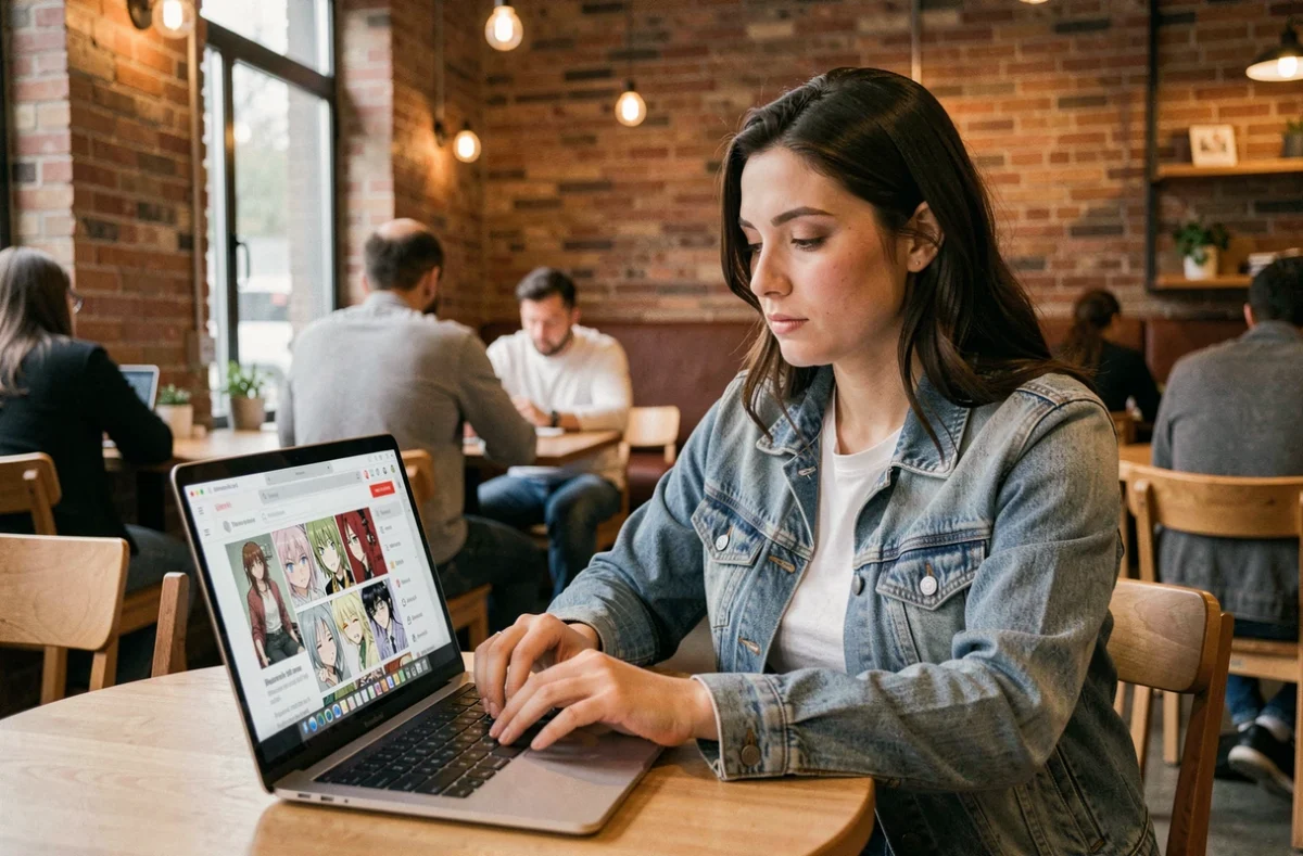 Femme consultant une plateforme de lecture de manga sur ordinateur portable dans un café urbain moderne