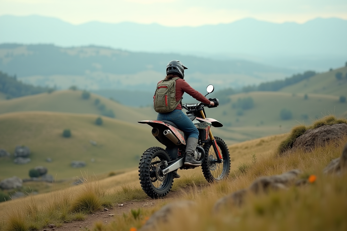 Femme poussant une dirt bike dans un paysage de campagne