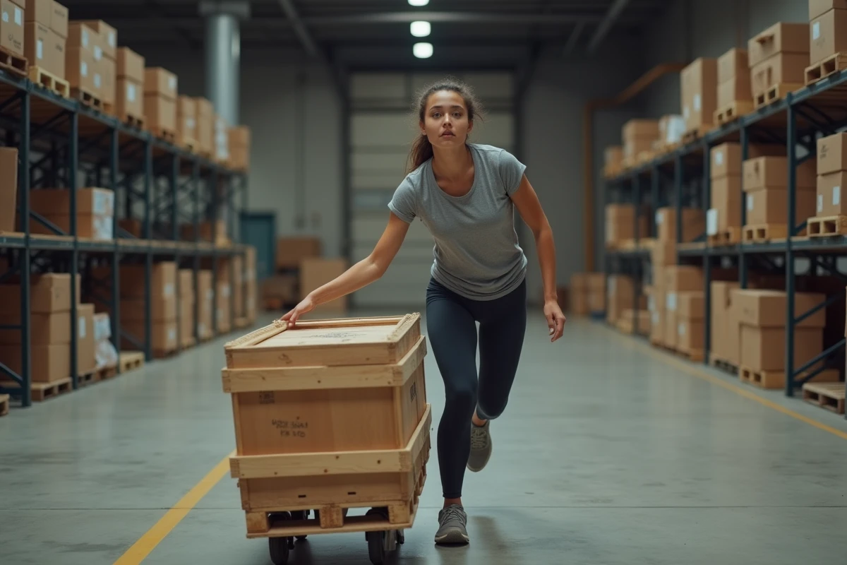 Jeune femme poussant une caisse lourde illustrant le concept de force et déplacement en physique