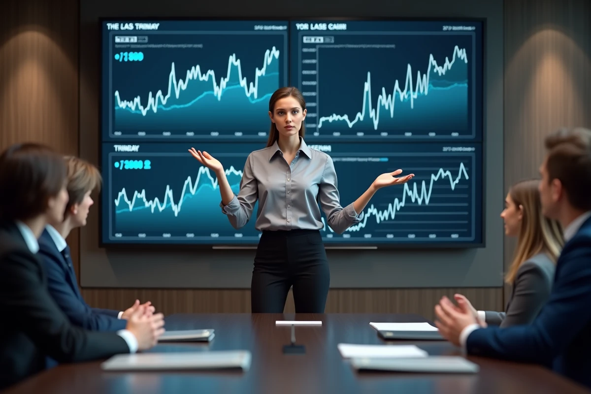 Femme confiante montrant des tendances boursieres en réunion