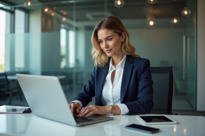 Femme d affaires concentrée au bureau avec ordinateur moderne