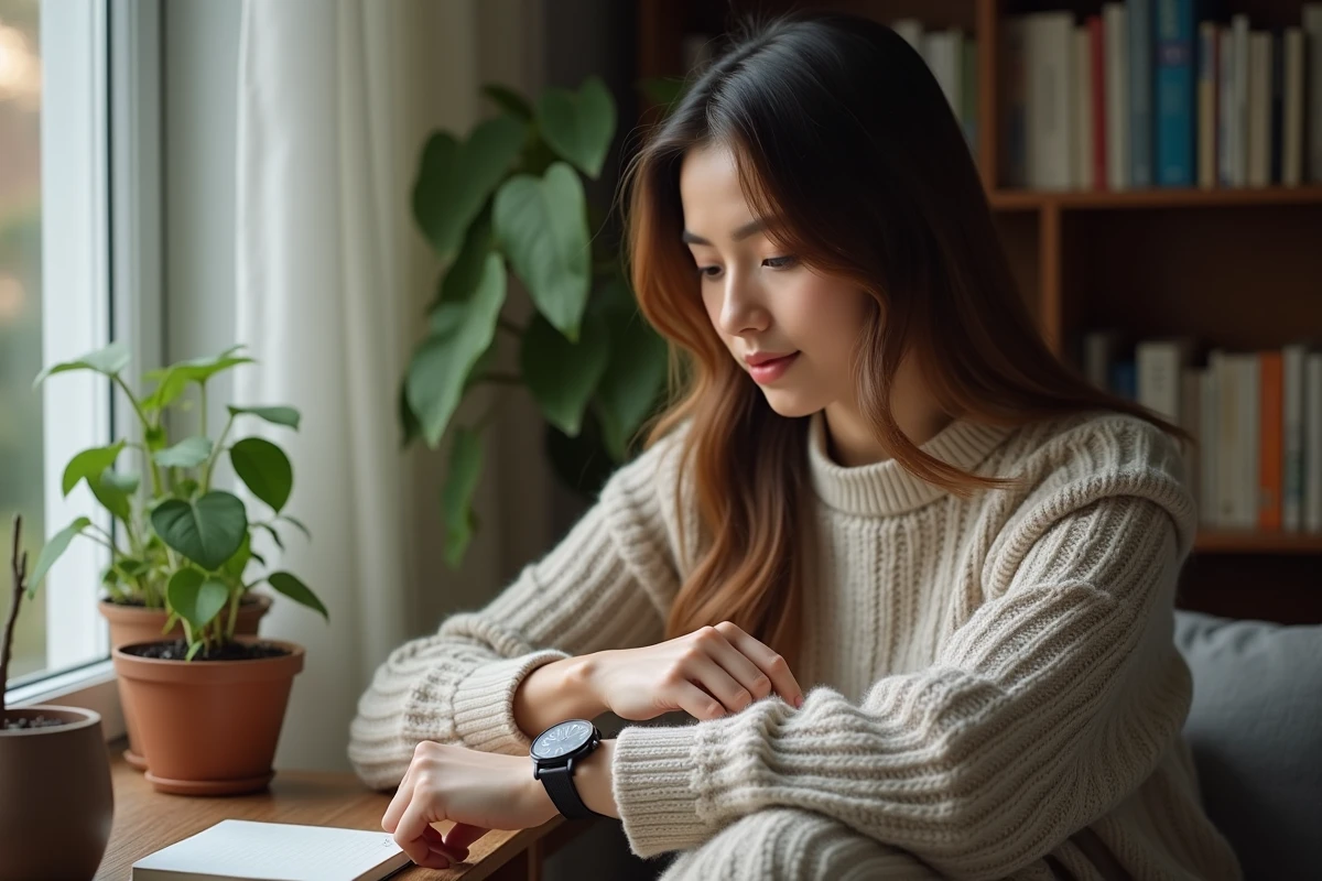Femme contemplant sa montre dans un salon cosy