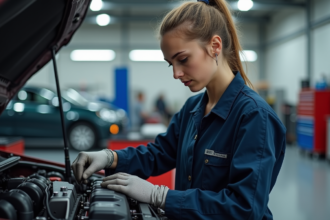 Jeune femme en combinaison de sécurité examine un moteur dans un atelier moderne