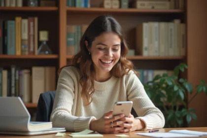 Jeune femme amusée regardant son téléphone après avoir découvert une traduction virale erronée sur les réseaux sociaux